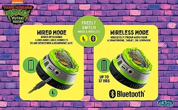 eKids Teenage Mutant Ninja Turtles Wireless Headphones for Kids, Bluetooth Headphones with Microphone Includes Aux Cord, Earphones for School, Home, or Travel