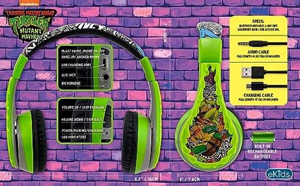 eKids Teenage Mutant Ninja Turtles Wireless Headphones for Kids, Bluetooth Headphones with Microphone Includes Aux Cord, Earphones for School, Home, or Travel