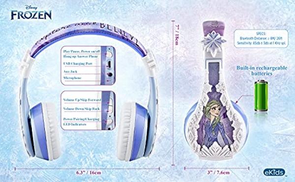 eKids Disney Frozen 2 Bluetooth Headphones with Microphone, Volume Reduced to Protect Hearing, Adjustable Wireless Headphones for School Home Travel, for Fans of Anna and Elsa