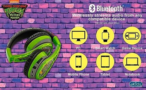 eKids Teenage Mutant Ninja Turtles Wireless Headphones for Kids, Bluetooth Headphones with Microphone Includes Aux Cord, Earphones for School, Home, or Travel