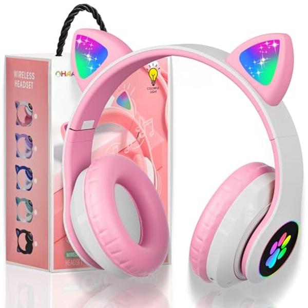 KERHAND Bluetooth Headphones for Kids, Cute Ear Cat Ear LED Light Up Foldable Headphones Stereo Over Ear with Microphone/TF Card Wireless Headphone for iPhone/iPad/Smartphone/Lapto
