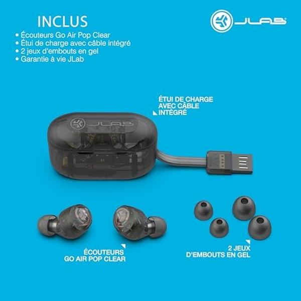 JLab Go Air Pop True Wireless Bluetooth Earbuds & Charging Case, Clear, Dual Connect, IPX4 Sweat Resistance, Bluetooth 5 Connection, 3 EQ Sound Settings Signature, Balanced, Bass B