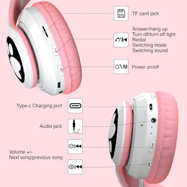 KERHAND Bluetooth Headphones for Kids, Cute Ear Cat Ear LED Light Up Foldable Headphones Stereo Over Ear with Microphone/TF Card Wireless Headphone for iPhone/iPad/Smartphone/Lapto