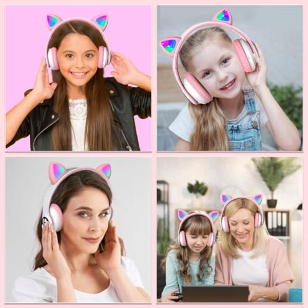 KERHAND Bluetooth Headphones for Kids, Cute Ear Cat Ear LED Light Up Foldable Headphones Stereo Over Ear with Microphone/TF Card Wireless Headphone for iPhone/iPad/Smartphone/Lapto