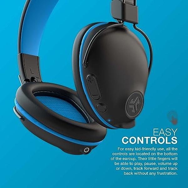 JLab JBuddies Pro Wireless Over-Ear Kids Headphones, 35+ Hour Battery Life, Built-in Volume Regulators for Safety, Share Mode, Folding, Adjustable, Noise Isolation, with Mic, Blue