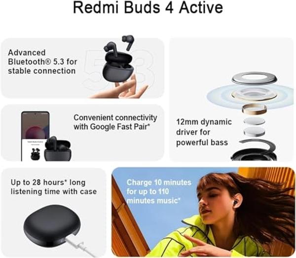 Xiaomi Redmi Buds 4 Active, Advanced Bluetooth® 5.3, 12mm Dynamic Driver, Google Fast Pair, Up to 28 Hours* Long Listening time with case