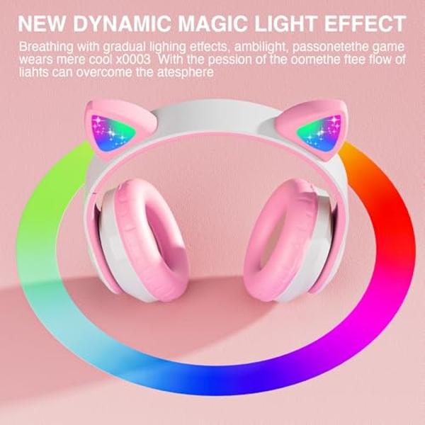 KERHAND Bluetooth Headphones for Kids, Cute Ear Cat Ear LED Light Up Foldable Headphones Stereo Over Ear with Microphone/TF Card Wireless Headphone for iPhone/iPad/Smartphone/Lapto