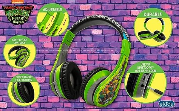 eKids Teenage Mutant Ninja Turtles Wireless Headphones for Kids, Bluetooth Headphones with Microphone Includes Aux Cord, Earphones for School, Home, or Travel