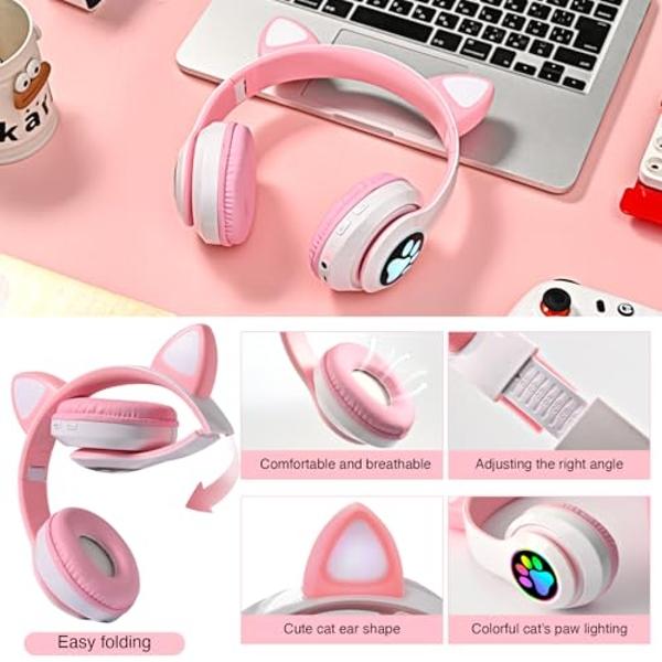 KERHAND Bluetooth Headphones for Kids, Cute Ear Cat Ear LED Light Up Foldable Headphones Stereo Over Ear with Microphone/TF Card Wireless Headphone for iPhone/iPad/Smartphone/Lapto