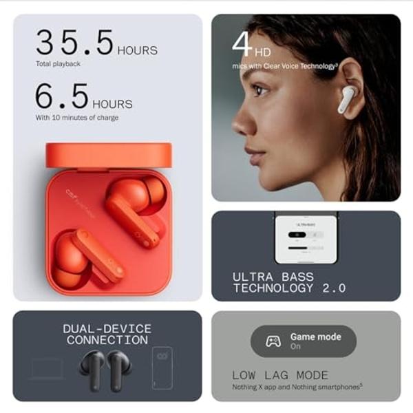 CMF Buds Wireless Bluetooth Earbuds, 42dB Noise Cancelling Earbuds, Dirac HD Audio, 35.5H Playtime, BT5.3, IP54 Waterproof, 4HD Mics Wireless Headphones for iPhone & Android (Orang
