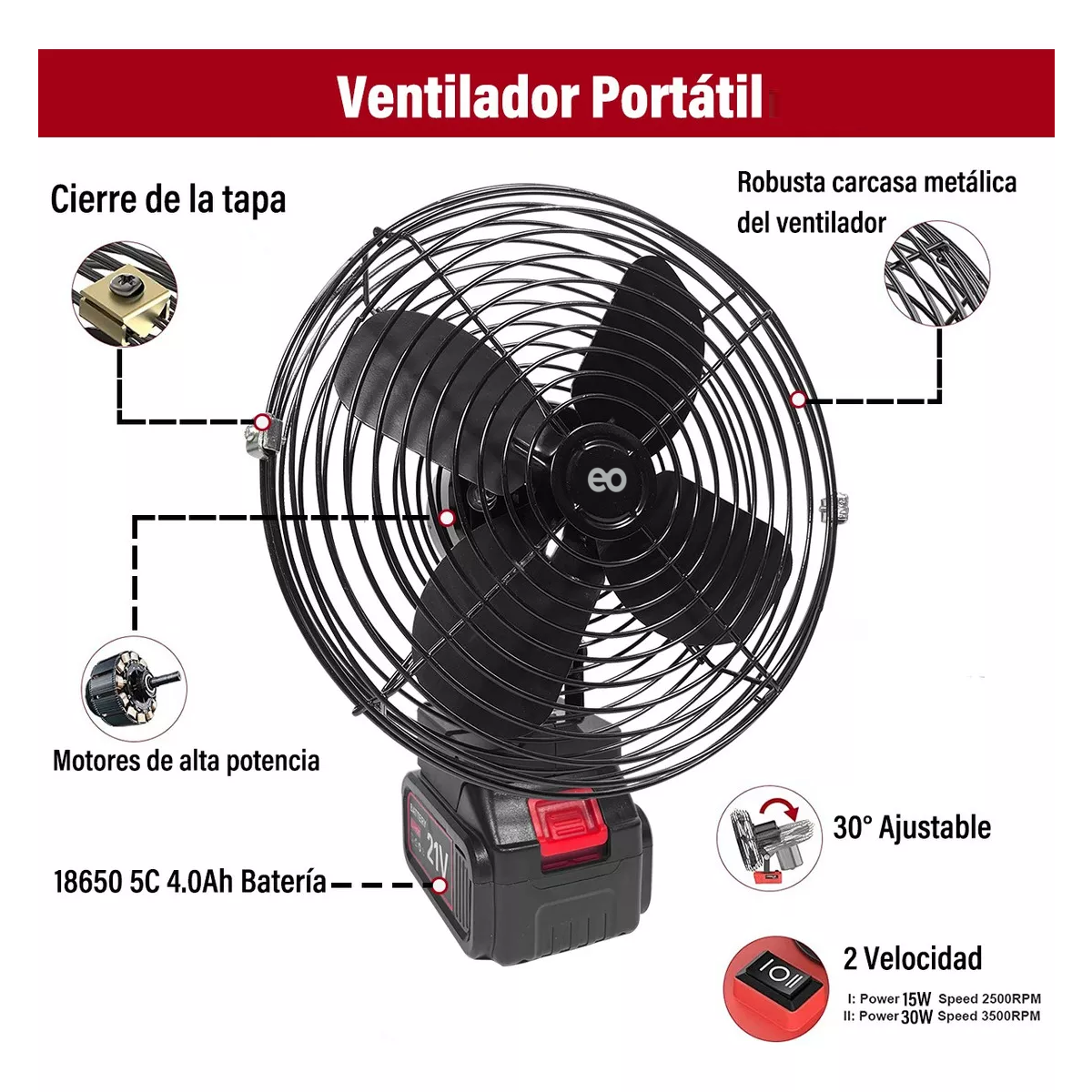 Ventilador Portátil Recargable Inalámbrico Negro