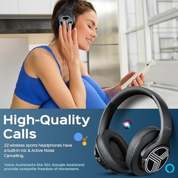 TREBLAB Z2 Active Noise Cancelling Workout Headphones - Signature-HD Sound, Deep Bass, 35H Battery, Comfortable, Foldable Over Ear Bluetooth Headphones Wireless. for Gym, Sport, Tr