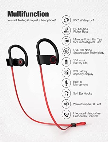 Otium Bluetooth Headphones, Wireless Earbuds IPX7 Waterproof Sports Earphones with Mic HD Stereo Sweatproof in-Ear Earbuds Gym Running Workout 15 Hour Battery Sound Isolation Heads