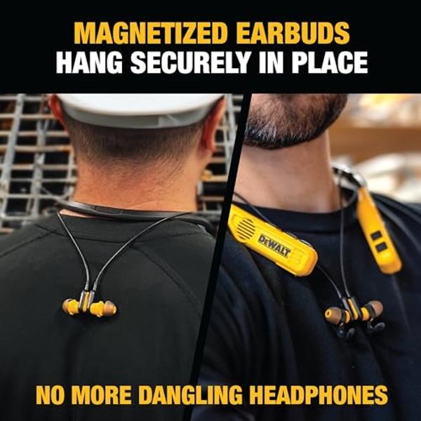DEWALT Heavy Duty 2-in-1 Neckband Bluetooth Headphones w/Built-in Speakers, Jobsite Wearable Speaker & Around Neck Headphones, Wireless Bluetooth Headset, 60+ Hrs Hands-Free Music/