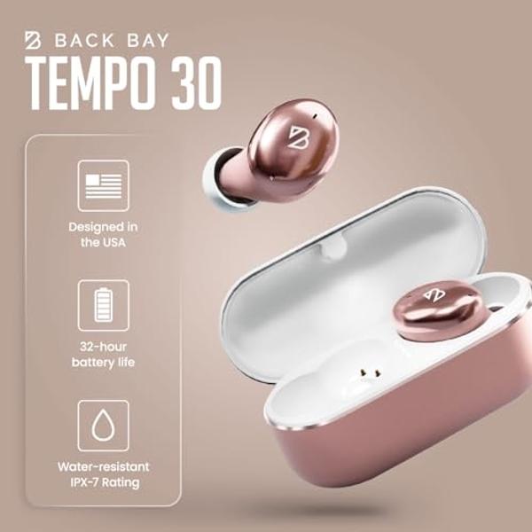 Back Bay Audio Tempo 30 Wireless Earbuds for Small Ears - Award-Winning Sound, Sweatproof Bluetooth Earbuds, Comfortable Ear Buds for Women, Pink Earphones Small Ear Canals, Long B