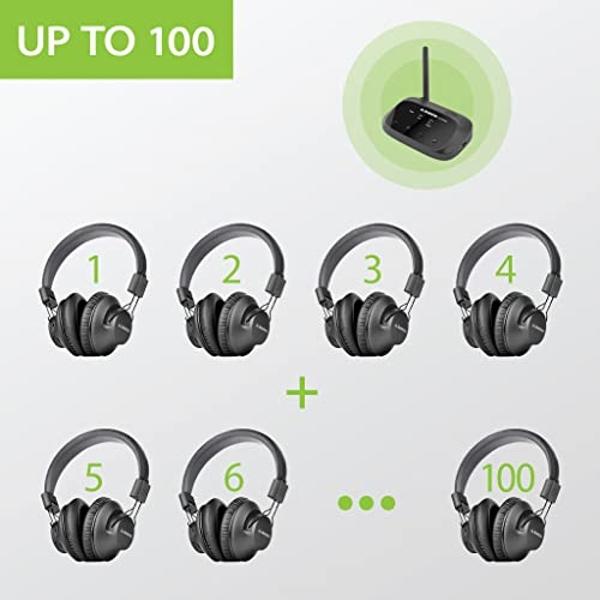 Avantree Quartet - 4 Wireless Headphones & 1 Transmitter for Multiple Group Listening Scalable to 100 with No Lip-Sync Delays for TV Watching, Silent Discos, Hearing Assistance in 