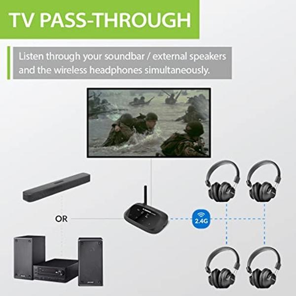 Avantree Quartet - 4 Wireless Headphones & 1 Transmitter for Multiple Group Listening Scalable to 100 with No Lip-Sync Delays for TV Watching, Silent Discos, Hearing Assistance in 