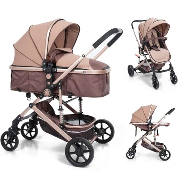 PEARLOVE Baby Stroller Newborn Foldable Pushchair with Adjustable Canopy Folding High Landscape Infant Carriage, Anti-Shock Toddler Pushchair (Khaki)