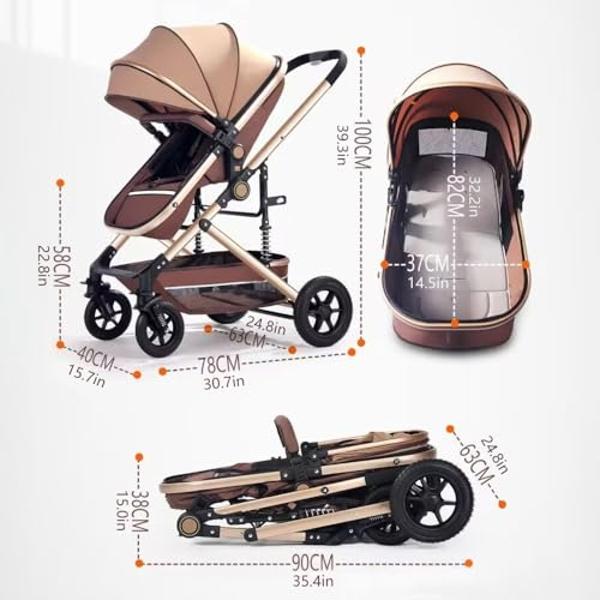 PEARLOVE Baby Stroller Newborn Foldable Pushchair with Adjustable Canopy Folding High Landscape Infant Carriage, Anti-Shock Toddler Pushchair (Khaki)