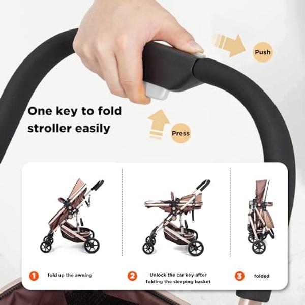 PEARLOVE Baby Stroller Newborn Foldable Pushchair with Adjustable Canopy Folding High Landscape Infant Carriage, Anti-Shock Toddler Pushchair (Khaki)