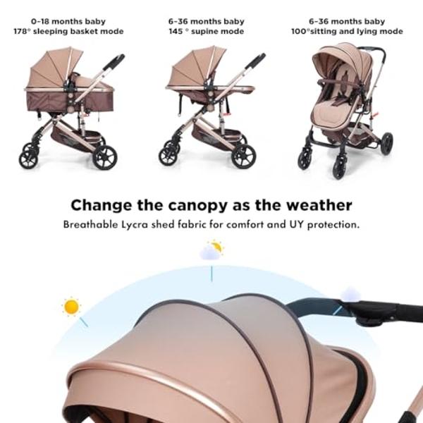 PEARLOVE Baby Stroller Newborn Foldable Pushchair with Adjustable Canopy Folding High Landscape Infant Carriage, Anti-Shock Toddler Pushchair (Khaki)