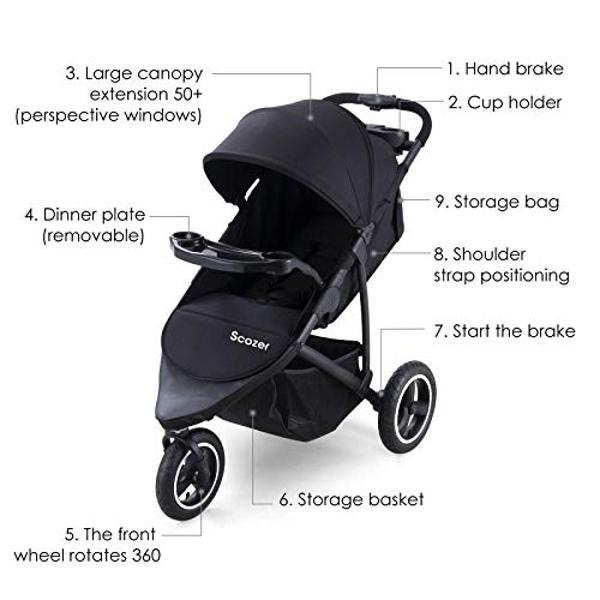 Scozer Jogger Stroller with Dining Plate and Cup Holder Big Storage Basket,Adjustable Awning, Variable Seat and Recliner Lightweight Baby Jogging Stroller,Black