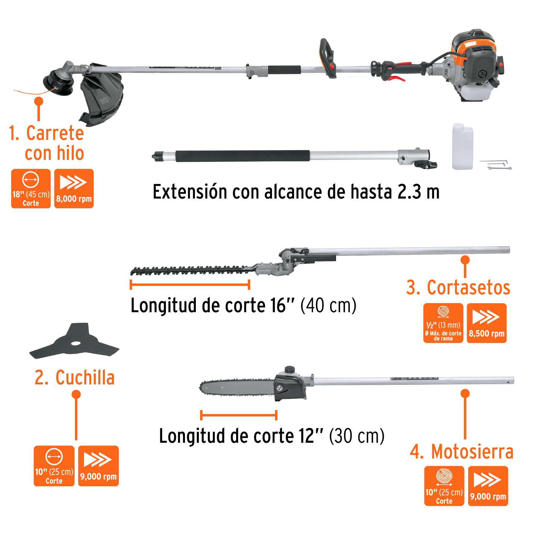 Desbrozadora multifuncional 4 en 1, a gasolina 45 cc, Truper