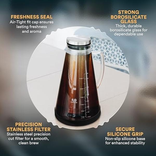 OVALWARE Airtight Cold Brew Iced Coffee Maker Pitcher (& Iced Tea Maker) with Spout – 1.5L/ 51oz Brewing Glass Carafe with Removable Stainless Steel Filter