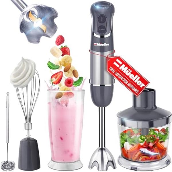 Mueller Multistick 800W 4-in-1 Immersion Blender Handheld, 12 Speed Hand Mixer - Turbo Boost, Heaviest Duty Copper Motor, Titanium Blades Hand Blender, Milk Frother Wand, Whisk, Be