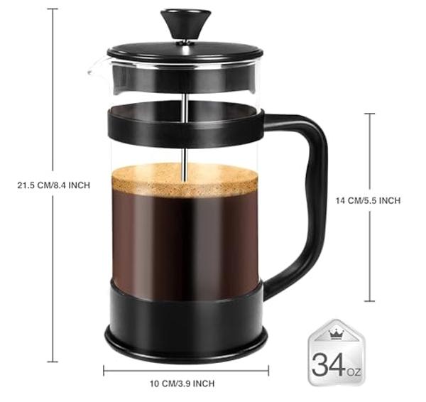 Utopia Kitchen 34 Ounce 1 Liter French Press Coffee Maker, Tea Maker, Travel Coffee Presses, Heat Resistant Thickened Borosilicate Coffee Pot for Camping Travel Gifts, Black Pack o