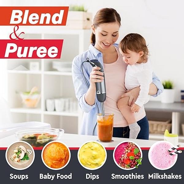 Mueller Multistick 800W 4-in-1 Immersion Blender Handheld, 12 Speed Hand Mixer - Turbo Boost, Heaviest Duty Copper Motor, Titanium Blades Hand Blender, Milk Frother Wand, Whisk, Be