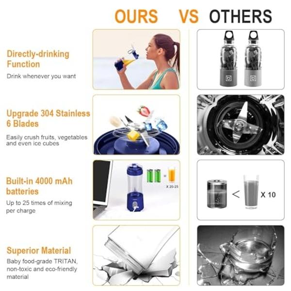 Portable Blender, Vaeqozva USB Rechargeable Smoothie on the Go Blender Cup with Straws, Protein Shakes Fruit Mini Mixer for Home, Sport, Office, Camping - Navy Blue