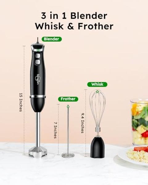 Sangcon Immersion Blender Handheld, 3-in-1 Hand Blender Electric, 400W Handheld Blender, Stainless Steel Blade Stick Blender with Whisk, Milk Frother Attachments - Black