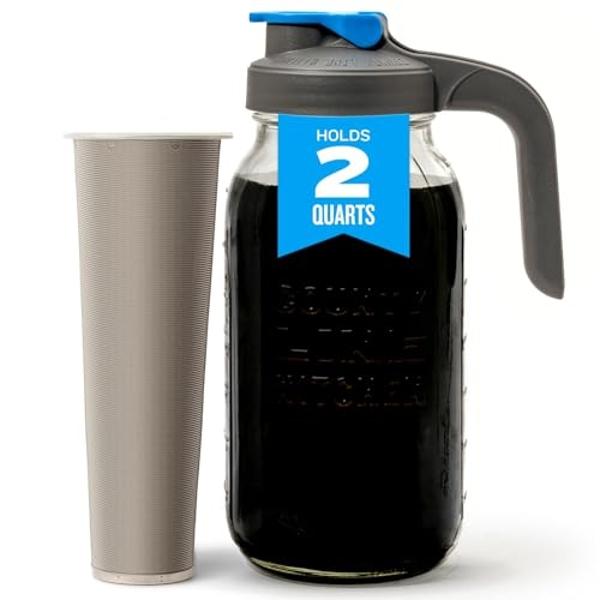 County Line Kitchen Glass Cold Brew Coffee Maker with Lid - Wide Mouth, 2 Quart (64 oz) - Heavy Duty, Leak Proof - Sun & Iced Tea Pitcher, Cold Brew Coffee, Breast Milk Storage, Wa