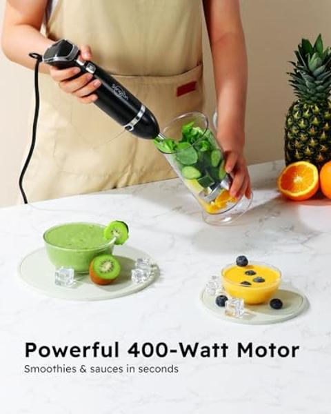 Sangcon Immersion Blender Handheld, 3-in-1 Hand Blender Electric, 400W Handheld Blender, Stainless Steel Blade Stick Blender with Whisk, Milk Frother Attachments - Black