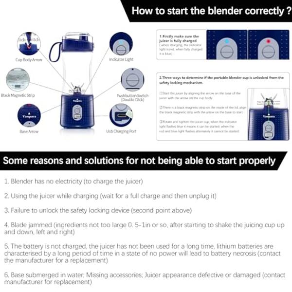 Portable Blender, Vaeqozva USB Rechargeable Smoothie on the Go Blender Cup with Straws, Protein Shakes Fruit Mini Mixer for Home, Sport, Office, Camping - Navy Blue