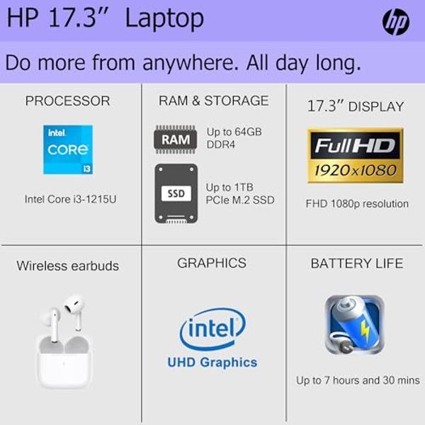 HP Laptop with Wireless Buds, 17.3" HD Display, Touch Screen, 16GB RAM, 512GB SSD Drive, Intel 6-Core Processor, HDMI, USB-Type C, Windows 11