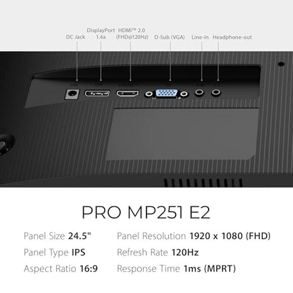 MSI PRO MP251 E2 24.5-inch IPS 1920 x 1080 (FHD) Gaming Office Monitor, 120Hz, Adaptive-Synch, HDR Ready, HDMI, VGA Port, Display Port,VESA Mountable, Tilt, Speaker, 1ms, Black