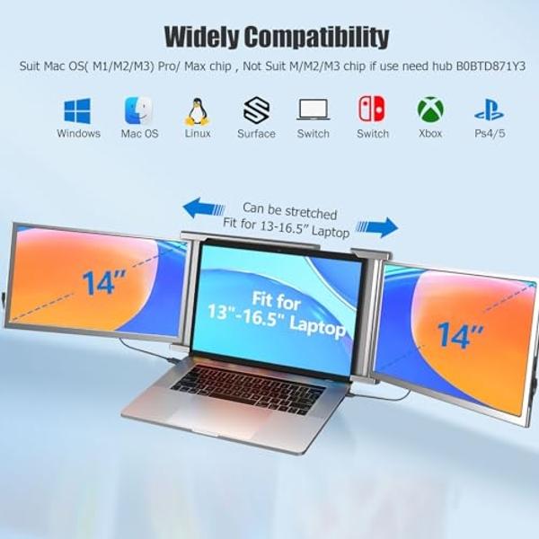 FHH Laptop Screen Extender, 14" FHD 1080P Triple Monitor for Laptop Extension- 315°Rotate Portable Dual Monitor Screen for 13.3"-16.5" Laptops Type-C/HDMI/USB-A Plug & Play for Win