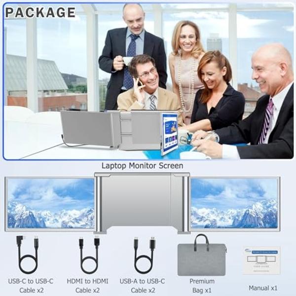 FHH Laptop Screen Extender, 14" FHD 1080P Triple Monitor for Laptop Extension- 315°Rotate Portable Dual Monitor Screen for 13.3"-16.5" Laptops Type-C/HDMI/USB-A Plug & Play for Win