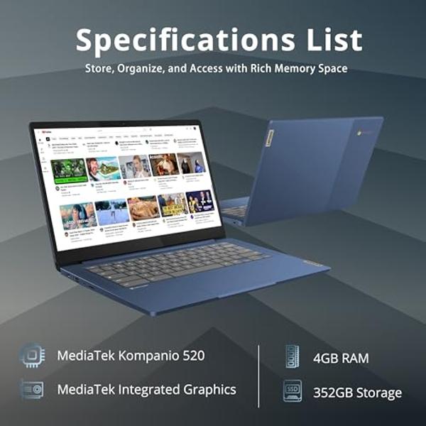 Lenovo IdeaPad Slim 3 Chromebook, 14" FHD Touchscreen, MediaTek Kompanio 520 Processor, 4GB LPDDR4X RAM, 352GB Storage (64GB eMMC + 288GB Docking Station Set), WiFi 6, Webcam, Chro