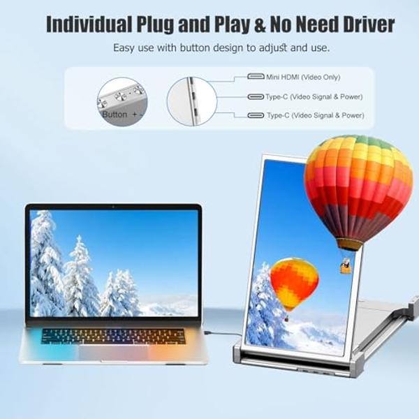 FHH Laptop Screen Extender, 14" FHD 1080P Triple Monitor for Laptop Extension- 315°Rotate Portable Dual Monitor Screen for 13.3"-16.5" Laptops Type-C/HDMI/USB-A Plug & Play for Win