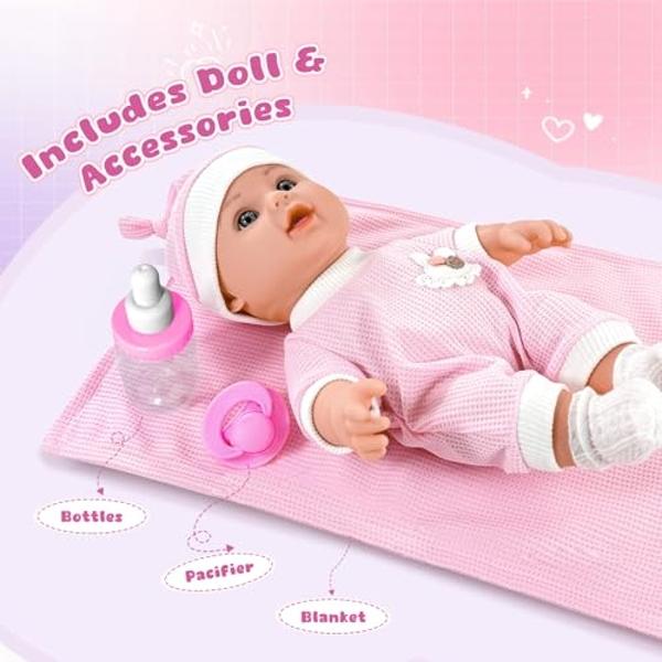 12'' Baby Doll for Toddlers 1-3, Baby Doll Set with Accessories includes Pink Clothes, Pacifier, Feeding Bottle, Blanket, First Doll Playset Toy in Gift Box for Girls Kids 1 2 3 4 