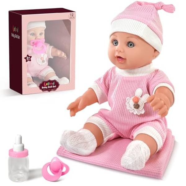 12'' Baby Doll for Toddlers 1-3, Baby Doll Set with Accessories includes Pink Clothes, Pacifier, Feeding Bottle, Blanket, First Doll Playset Toy in Gift Box for Girls Kids 1 2 3 4 