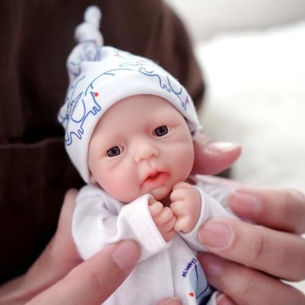 MYREBABY 7 Inch Reborn Baby Doll ，Silicone Doll Boy Justin Mini Realistic Newborn Baby Dolls Silicone Full Body Stress Relief（Comes with an Additional Doll seat）