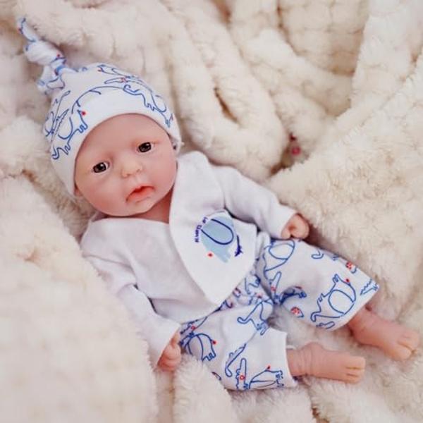 MYREBABY 7 Inch Reborn Baby Doll ，Silicone Doll Boy Justin Mini Realistic Newborn Baby Dolls Silicone Full Body Stress Relief（Comes with an Additional Doll seat）
