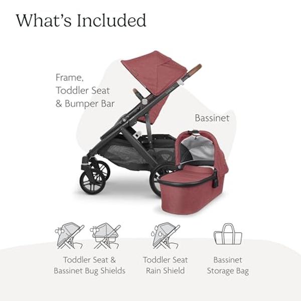 UPPAbaby Vista V2 Stroller/Convertible Single-to-Double System/Bassinet, Toddler Seat, Bug Shield, Rain Shield, and Storage Bag Included/Lucy (Rosewood Mélange/Carbon Frame/Saddle 