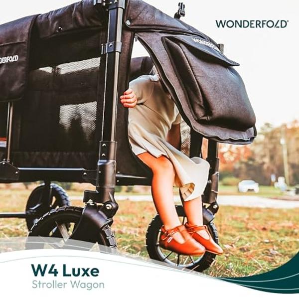 WONDERFOLD W4 Luxe Stroller Wagon (4 Seater) - Collapsible Wagon Stroller with Seats with Magnetic Buckle 5-Point Harnesses and Sun Canopy, Noble Navy