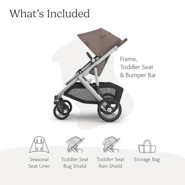 UPPAbaby Vista V3 Stroller - Full-Size Single-to-Double Stroller System - Toddler Seat, Bug Shield, Rain Shield, and Storage Bag Included - Theo (Dark Taupe/Silver Frame/Chestnut L