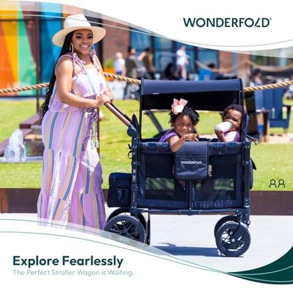 WONDERFOLD W2 Luxe Stroller Wagon (2 Seater) - Collapsible Wagon Stroller with Seats with Magnetic Buckle 5-Point Harnesses and Adjustable Sun Canopy, Hunter Green